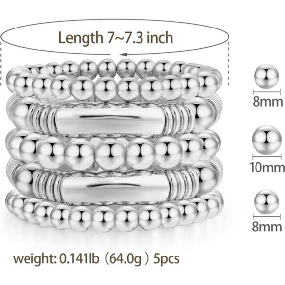 5 Silver Bangles Bracelet for Women Chunky Curved Stacking Beads Bangle type - Picture 2 of 5